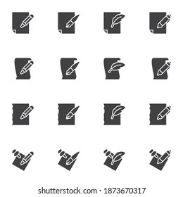 Paper and pen vector icons set, modern solid symbol collection, filled style pictogram pack. Signs, logo illustration. Set includes icons as document edit, notepaper and pencil, writing