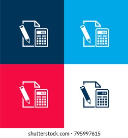 Paper pencil and calculator four color material and minimal icon logo set in red and blue