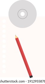 Paper, pencil and CD, illustration, vector on a white background.
