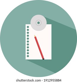 Papier, Stift und CD, Illustration, Vektorgrafik auf weißem Hintergrund.