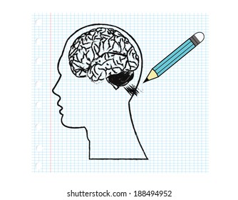 Paper with a pencil drawing of the human brain