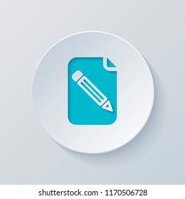 Paper and pencil icon. Cut circle with gray and blue layers. Paper style