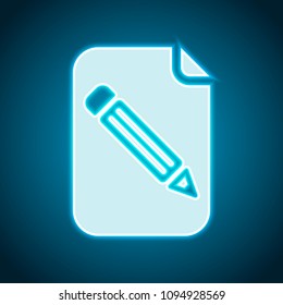 Paper and pencil icon. Neon style. Light decoration icon. Bright electric symbol