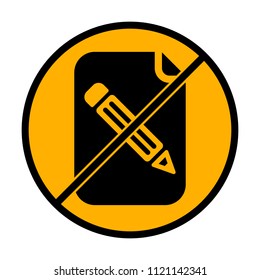 Paper and pencil icon. not allowed, black object in warning sign with orange background color