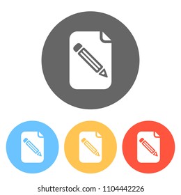Paper and pencil icon. Set of white icons on colored circles