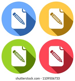 Paper and pencil icon. Set of white icons with long shadow on blue, orange, green and red colored circles. Sticker style