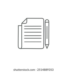 Ícone de papel e lápis. Ícone de linha simples que representa uma folha de papel com conteúdo alinhado e um lápis. Ideal para representar conceitos de escrita, anotação ou edição.