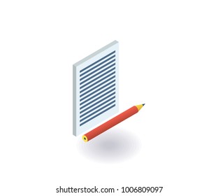 Paper and pencil icon. Vector illustration in flat isometric 3D style.