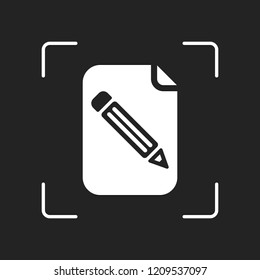 Paper and pencil icon. White object in camera autofocus on dark background