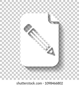 Paper and pencil icon. White icon with shadow on transparent background