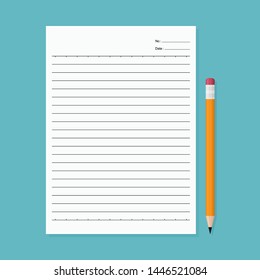 Paper and pencil on blue background