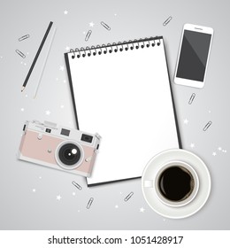 Paper, pencil, phone and coffee on the table. Top view desktop. Vector template for your design.