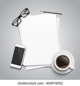 Paper, pencil, phone, glasses and coffee on the table. Top view desktop. Vector template for your design.