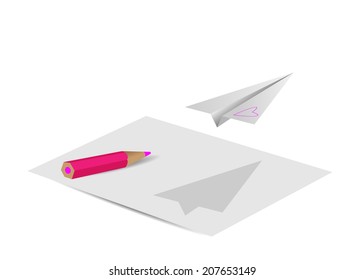 Paper, pencil and the plane from paper with heart.