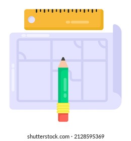 Paper with pencil and scale denoting flat icon of prototype 

