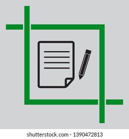 Paper and pencil sign. Black icon inside green crop tool at light gray background