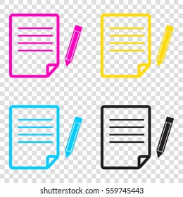 Paper and pencil sign. CMYK icons on transparent background. Cyan, magenta, yellow, key, black.
