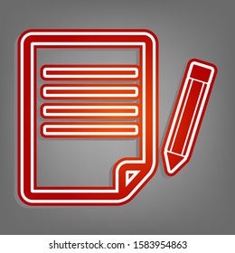 Paper and pencil sign. Flat red icon with linear white icon with gray shadow at grayish background. Illustration.