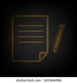 Paper and pencil sign. Icon as grid of small orange light bulb in darkness. Illustration.