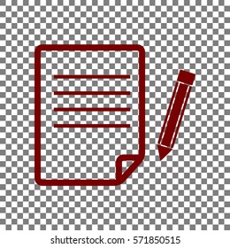 Paper and pencil sign. Maroon icon on transparent background.