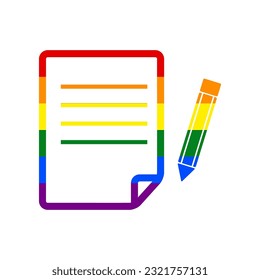 Papier und Bleistift-Schild. LGBT-Rechte aus Rainbow-Homosexuellen, farbiges Symbol auf weißem Hintergrund. Illustration.