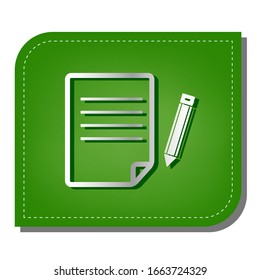 Paper and pencil sign. Silver gradient line icon with dark green shadow at ecological patched green leaf. Illustration.