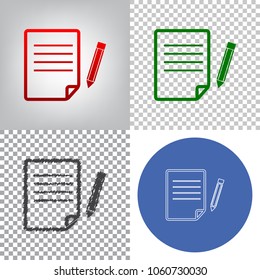 Paper and pencil sign. Vector. 4 styles. Red gradient in radial lighted background, green flat and gray scribble icons on transparent and linear one in blue circle.