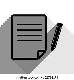 Paper and pencil sign. Vector. Black icon with two flat gray shadows on white background.