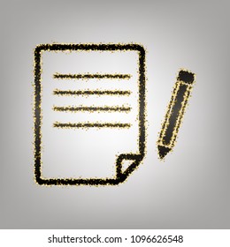 Paper and pencil sign. Vector. Blackish icon with golden stars at grayish background.