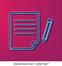 Paper and pencil sign. Vector. Blue 3d printed icon on magenta background.