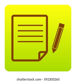 Paper and pencil sign. Vector. Brown icon at green-yellow gradient square with rounded corners on white background. Isolated.