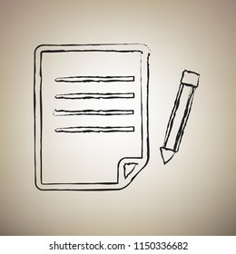 Paper and pencil sign. Vector. Brush drawed black icon at light brown background.