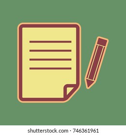 Paper and pencil sign. Vector. Cordovan icon and mellow apricot halo with light khaki filled space at russian green background.