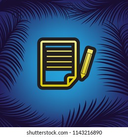 Paper and pencil sign. Vector. Golden icon with black contour at blue background with branches of palm trees.