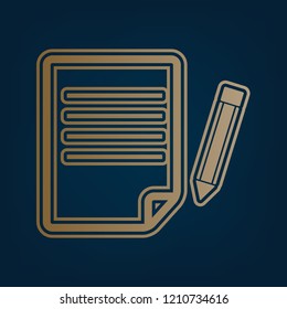 Paper and pencil sign. Vector. Golden icon and border at dark cyan background.