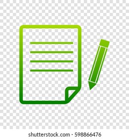 Paper and pencil sign. Vector. Green gradient icon on transparent background.