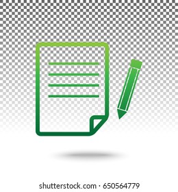 Paper and pencil sign. Vector. Green gradient icon with shadow at bottom on transparent and white background.