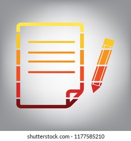 Paper and pencil sign. Vector. Horizontally sliced icon with colors from sunny gradient in gray background.