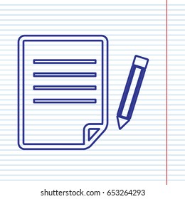 Paper and pencil sign. Vector. Navy line icon on notebook paper as background with red line for field.