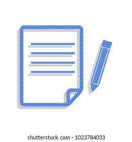 Paper and pencil sign. Vector. Neon blue icon with cyclamen polka dots pattern with light gray shadow on white background. Isolated.