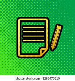 Paper and pencil sign. Vector. Pop art orange to yellow dots-gradient icon with black contour at greenish background.