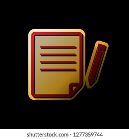 Paper and pencil sign. Vector. Red icon with small black and limitless shadows at golden sticker on black background.