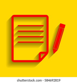 Paper and pencil sign. Vector. Red icon with soft shadow on golden background.