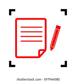 Paper and pencil sign. Vector. Red icon inside black focus corners on white background. Isolated.