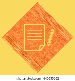 Paper and pencil sign. Vector. Red scribble icon obtained as a result of subtraction rhomb and path. Royal yellow background.
