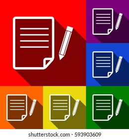 Paper and pencil sign. Vector. Set of icons with flat shadows at red, orange, yellow, green, blue and violet background.