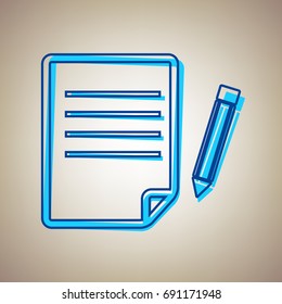 Paper and pencil sign. Vector. Sky blue icon with defected blue contour on beige background.