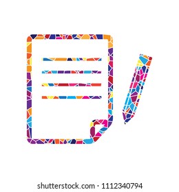 Paper and pencil sign. Vector. Stained glass icon on white background. Colorful polygons. Isolated.