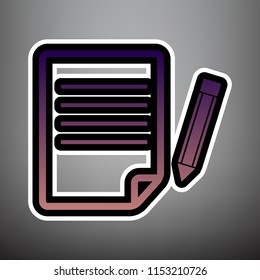 Paper and pencil sign. Vector. Violet gradient icon with black and white linear edges at gray background.