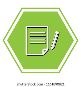 Paper and pencil sign. Vector. White icon with black shadow at yellow green honeycomb on white background.
